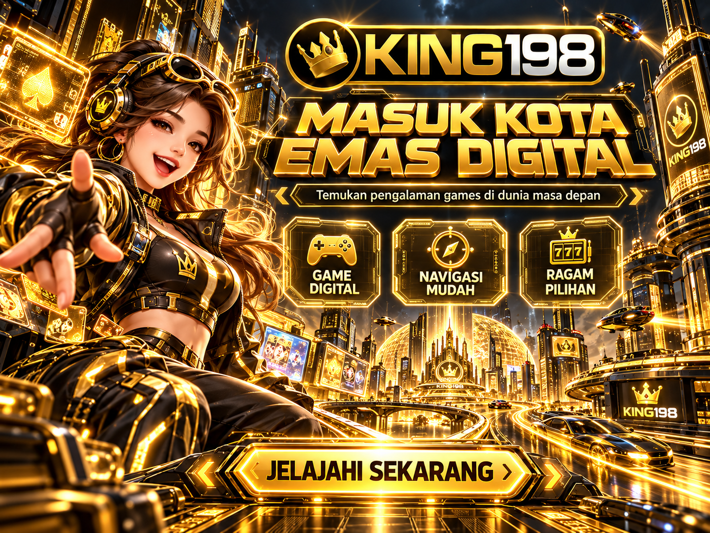 Banner KING198 dengan kota futuristik hitam-emas, gedung bercahaya, jalan neon emas, dan gamer bergaya cyberpunk.